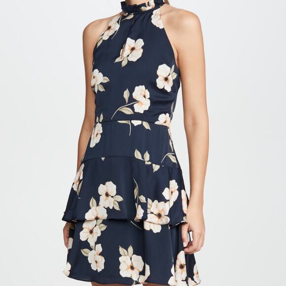 NWT BB Dakota Gardenia Party Dress 4 Floral Blue Cream Ruffle Mini Tiered Sheath - Picture 1 of 13